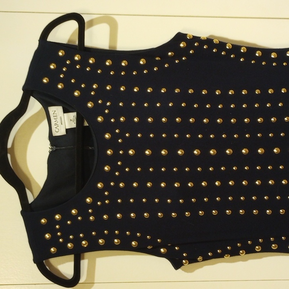 Carmen Marc Valvo Gold Studded Navy  Dress